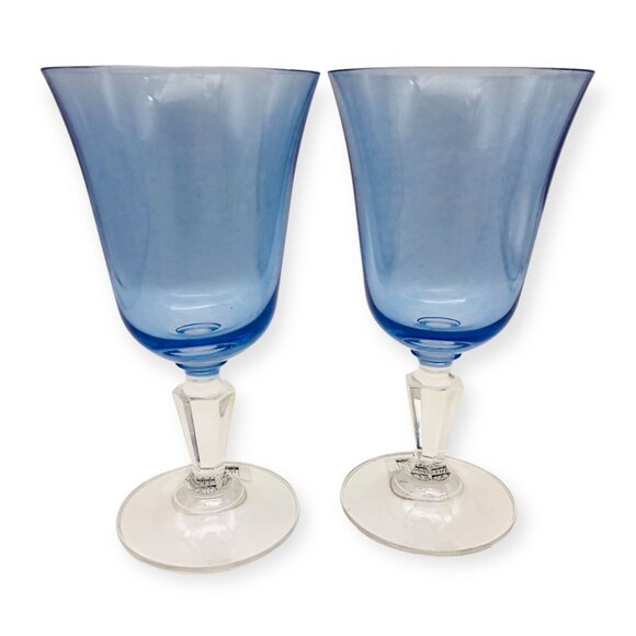 2 New Miller Roganska Lead Crystal Water Goblets Alfresco Blue Hand Blown MINT - Picture 3 of 11